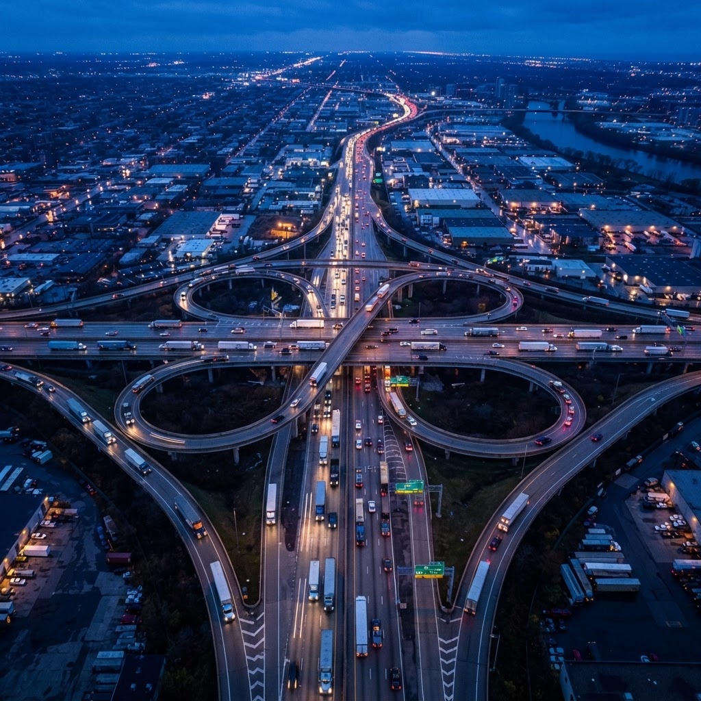 Aerial view of a highway network at dusk