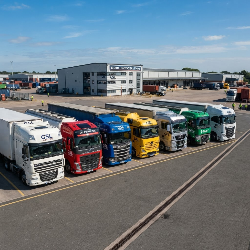 A lineup of Bojovic Logistics heavy-duty cargo trucks at the depot