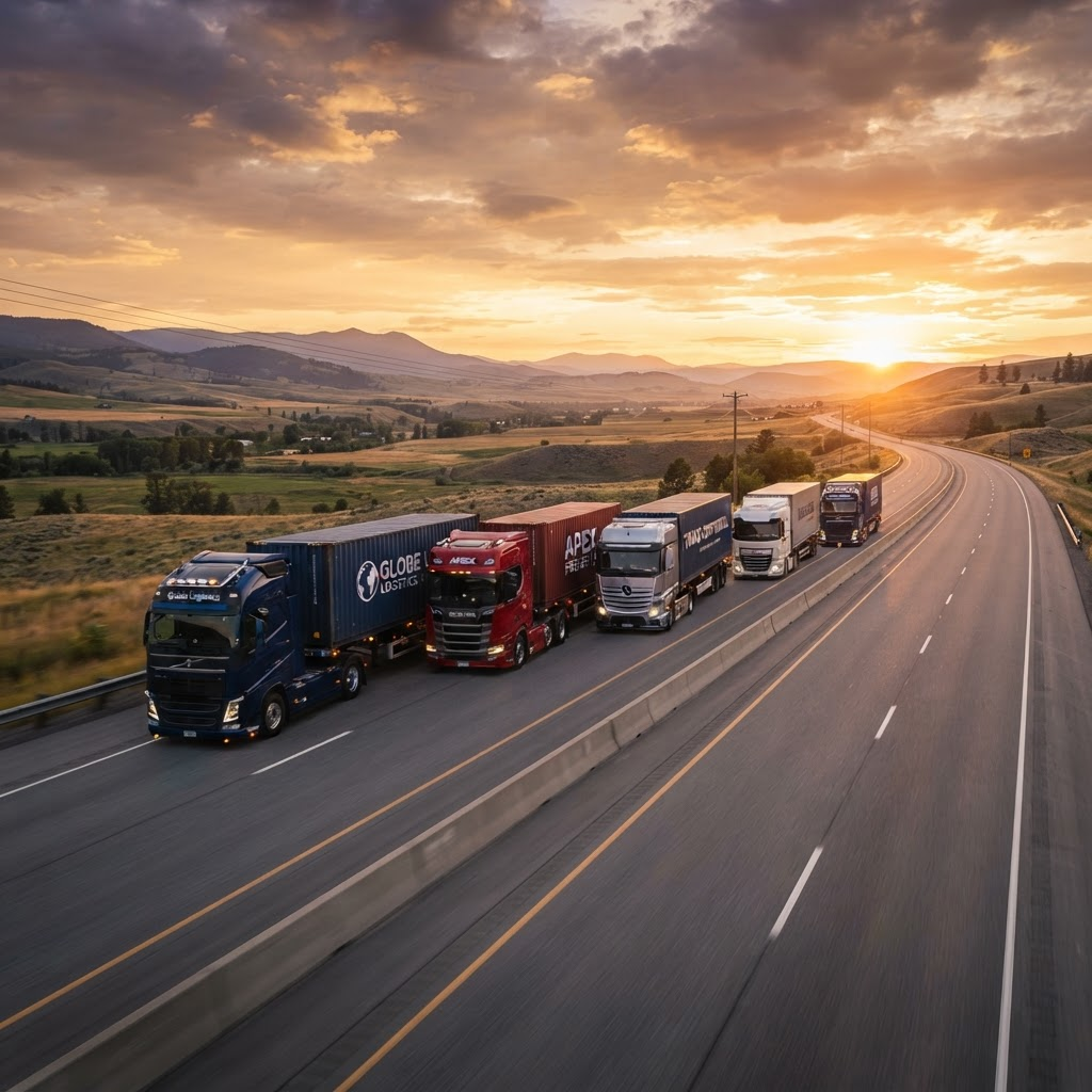 Fleet of Bojovic Logistics cargo trucks on the highway at golden hour