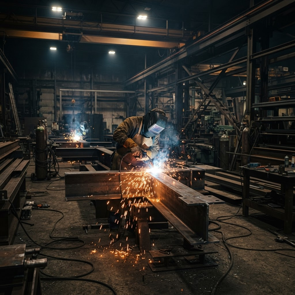 Welder fabricating steel structures with sparks in an industrial workshop