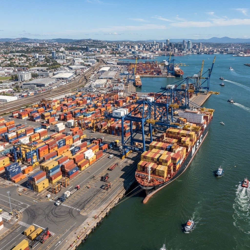 Shipping port with cargo containers and a container ship